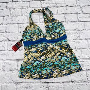 Aerin Rose Halter Underwire Tankini Swim Top 32 D/DD Blue Brown Geo Tie Back NEW